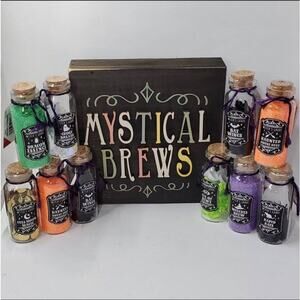 Mystical Brews Sign & 10 Mini Target Bullseye Glass Potion Bottles Complete Set